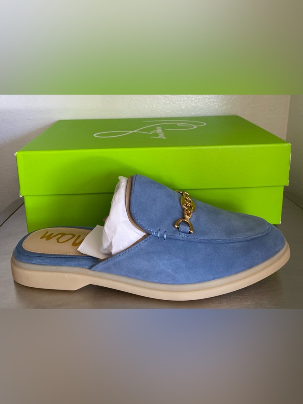 NEW.. SAM EDELMAN WOMENS BLUE SUEDE SLIP ON LOAFER MULES WITH BIT GOLD HARDWARE - Picture 7 of 10